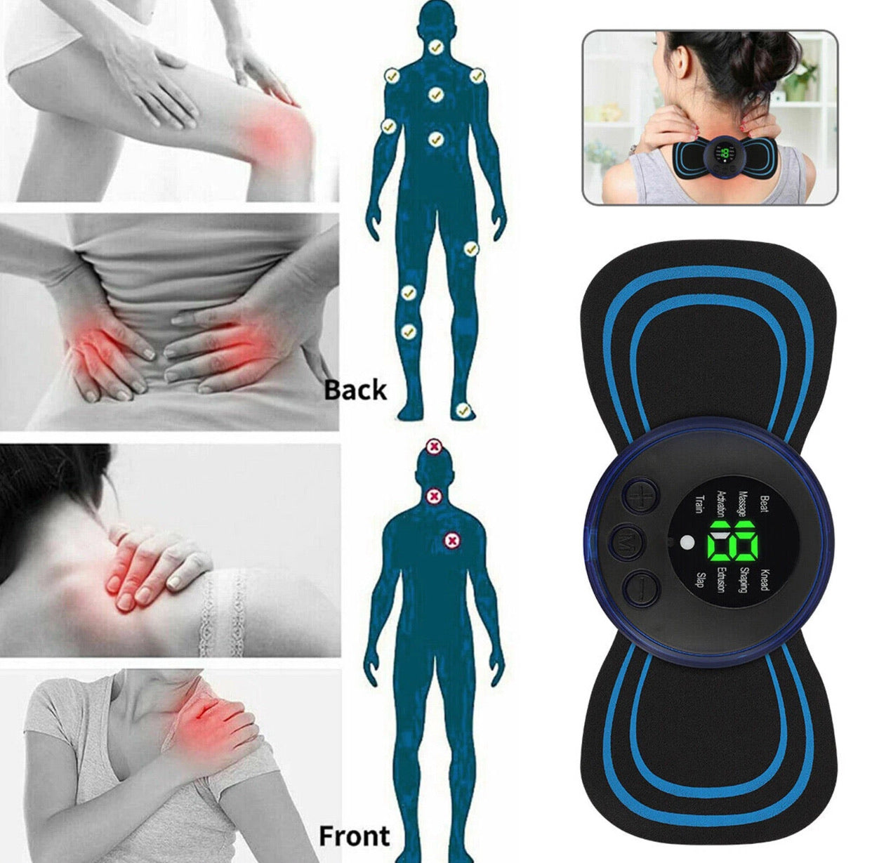 EMS Neck Massager – Electric Muscle Stimulator Patch with LCD, 8 Modes Pain Relief for Neck & Back
